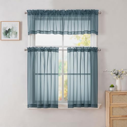Dusty Blue Valances 14 Inches Long for Living Room Pocket 2 Panel Light Filtering Sheer Translucent Valence Toppers for Short Window Kitchen Bathroom Bedroom 42x14 Inch Length (Dusty Blue / 42"W x 14"L (Pack of 2))