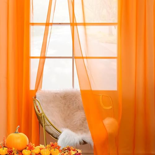 Solid Sheer Rod Pocket Curtain Voile Draperies 2 Panels Orange Beige Black Grey Coffee 38 Inch Width 72 Inch Long 1 Pair for Kitchen Bedroom Children Living Room Yard (Orange / 38"W x 72"L (Pack of 2))