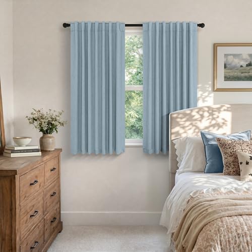 Light Blue Room Darkening Curtains for Bedroom Cute 45 Inch Length 2 Panels Cotton Linen Textured Short Blackout Curtains for Small Window Nursery Boy Girls Room Bathroom Kitchen Door Back Tab 45 Long (Stone Blue / 52"W x 45"L (Pack of 2))