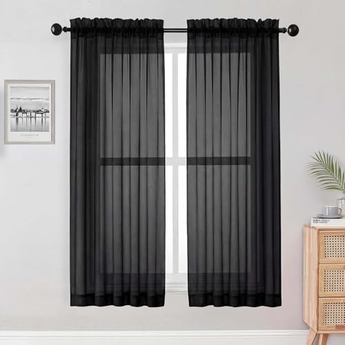 Black Sheer Curtains 68 Inch Length 2 Panels Set for Bedroom Living Room (Black / 42"W x 68"L (Pack of 2))