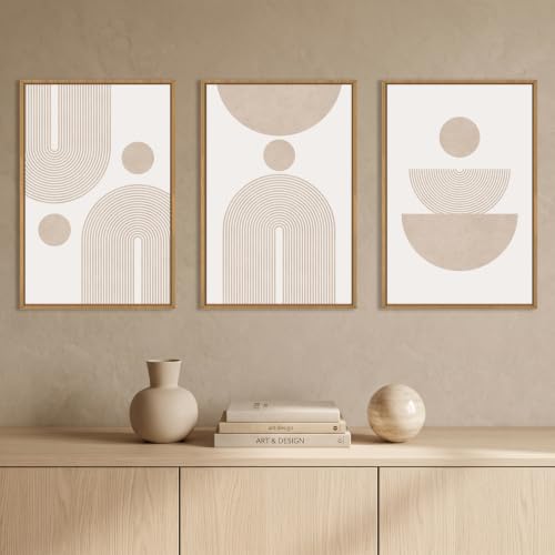 Large Boho Neutral Beige Framed Canvas Wall Art Set (Boho Beige Arch Wall Art / 24"Lx36"W)