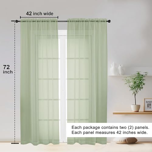 Sheer Curtains 72 Inches Long 2 Panels Set (Light Green / 42"W x 72"L (Pack of 2))