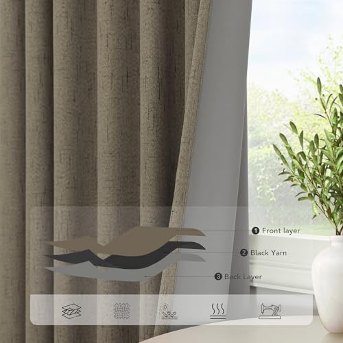 Brown Room Darkening Curtains 96 Inch Long for Living Room Dining Back Tab Linen Blackout Drapes Rustic Neutral Energy Efficient Black Out Window Curtain Panels for Bedroom Home Office Earth Cottage (Brown / 52"W x 96"L (Pack of 2))