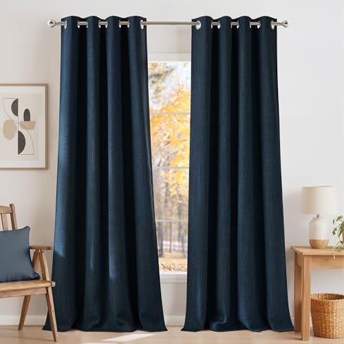 Faux Linen Navy Blue Blackout Curtains 84 inches Long (Linen Navy Blue / 52"W x 84"L (Pack of 2))