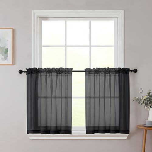 Kitchen Curtains 24 Inch Length Tier 2 Pieces (Black / 42"W x 24"L (Pack of 2))