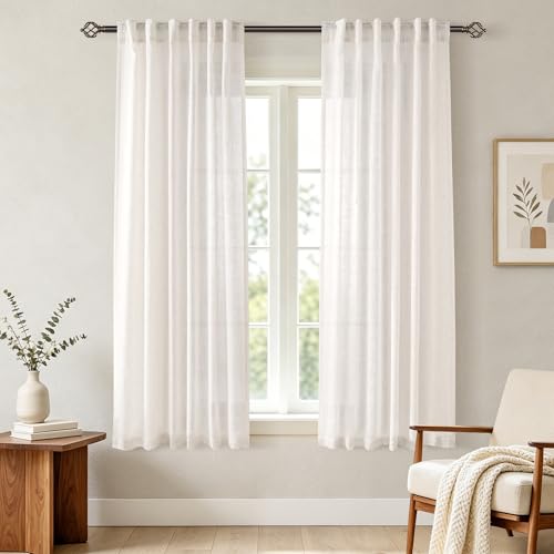 Cream Linen Curtains 63 inch Length 2 Panel Set for Living Room Back Tab Rod Pocket Semi Sheer Light Filtering Bedroom Window Curtain 63 inch Long Modern Farmhouse Neutral Ivory Linen Drapes 42x63 (Natural / 42"W x 63"L (Pack of 2))