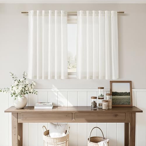 Beige White Linen Curtains for Kitchen Windows Over Sink Neutral 30 Inch Length Back Tab and Rod Pocket Light Filtering Semi Sheer Cafe Curtain for Bathroom RV Small Window 40 x 30 Inch (40"W x 30"L (Pack of 2) / Beige White)