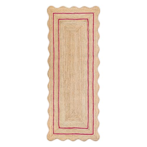 Wave Scalloped Natural Jute Runner Rug (Dark Pink / 2'6"x10' (Runner))