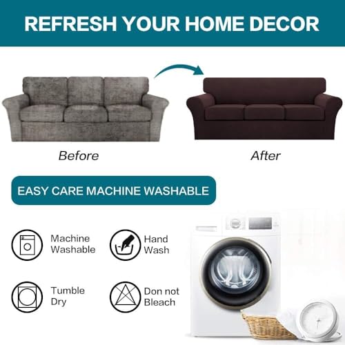 4 Piece Sofa Covers for 3 Cushion Couch Sofa Slipcover Soft Couch Cover for Dogs Washable Furniture Cover with 3 Individual Large Cushion Covers Feature Fabric (L Sofa (3 Cushion) / Brown)