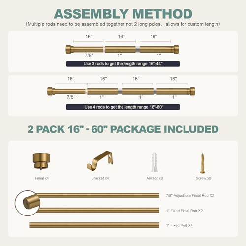 2 Pack Warm Gold Curtain Rods for Windows 28 to 48 Adjustable Length Heavy Duty 1" Diameter Brass Window Curtain Rod with Solid Metal Finials for Outdoor Farmhouse Bedroom Kitchen Living Room (Warm Gold / 16"-60"|2 Pack)