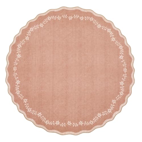 Round Rugs 6ft Scalloped Washable Circle Rug for Dining Room (Dusty Pink / 6' (Round))