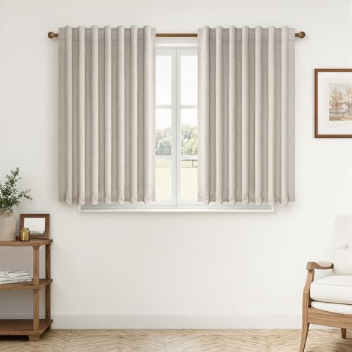 45 Inches Long Boho Linen Curtains Tiers for Small Window 2 Panels Set Thermal Saving Short Drapes for Kitchen Bathroom Curtain Hook Belt Pleated Back Tab Natural Linen (Natural Linen / 52"W x 45"L (Pack of 2))