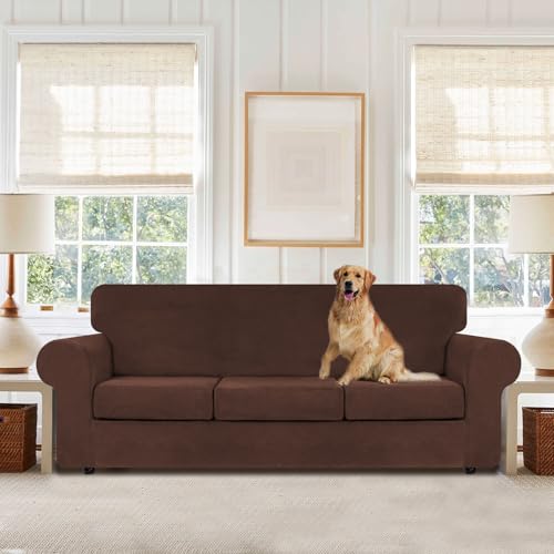4 Pieces Couch Cover for Sofa Velvet Sofa Covers Washable (Large / Chocolate)