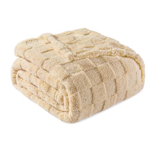 3D Checkered Fleece Throw Blanket for Couch (Camel / Throw (50"x60"))