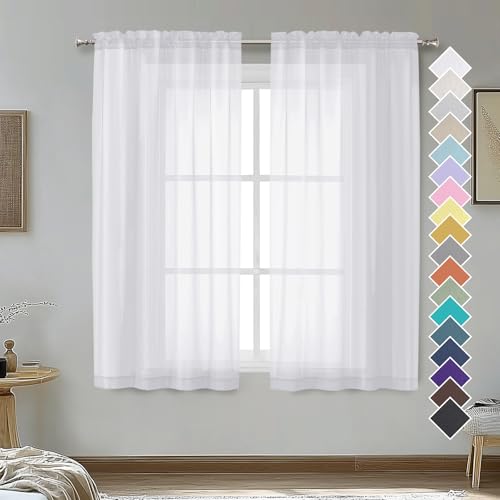 2 Panels Sheer White Curtains 54 Inches Length Window Treatment for Kitchen (White / 42"W x 54"L (Pack of 2))