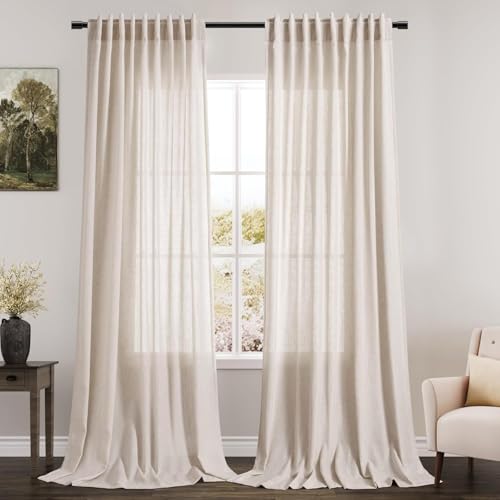 Beige Linen Curtains 90 Inches Long for Living Room Back Tab and Rod Pocket Semi Sheer Privacy Curtains Farmhouse Linen Cotton Textured Curtain for Bedroom 70x90 (70"W x 90"L (Pack of 2) / Linen)