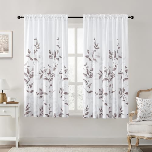Non-See-Through Dry Rose and White Privacy Sheer Curtains (Leaves-dry Rose / 52"W x 63"L (Pack of 2))
