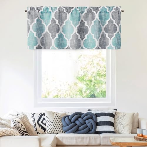 Moroccan Valance Curtains for Kitchen Cafe Aqua Grey 52x18 1 Panel (Rod Pocket | Aqua and Grey / 50"W x 18"L (Pack of 1))