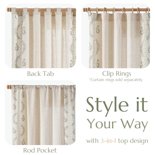 Floral Linen Curtains 90 Inch Farmhouse Back Tab 2 Panels (Sage / 50"W x 90"L (Pack of 2))