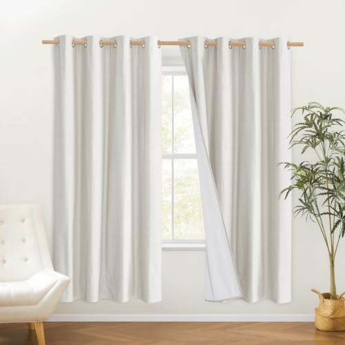 100% Absolutely Blackout Linen Curtains with Thermal Insulated White Liner (52"W x 72"L (Pack of 2) / Ivory)