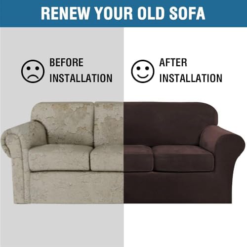 High Stretch Sofa Slipcover 4 Piece Cover Velvet Furniture Protector Form Fit Thick Velvet Extra Large Sofa Cover for 3 Cushion Couch Width Up to 97 Inch (3 Cushion Large Sofa / Brown)