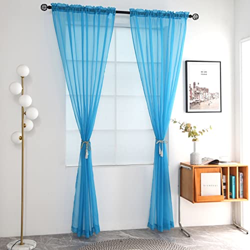 Basic Rod Pocket Sheer Voile Window Curtain Panels Cyan Blue 1 Pair 2 Panels 52 Width 63 Inch Long for Kitchen Bedroom Children Living Room Yard (Cyan Blue / 52"W x 63"L (Pack of 2))