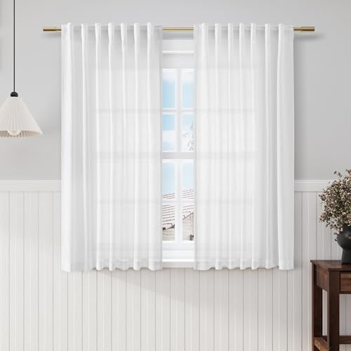 Off White Linen Sheer Curtains 54 Inch Length 2 Panel Set Back Tab Pocket Semi Sheer Light Filtering Short Curtain Soft Elegant Aesthetic Small Window Drapes for Bathroom 52x54 inches Long (52"W x 54"L (Pack of 2) / White)