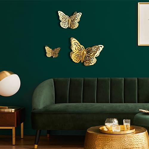 Gold Finish Metal Butterflies Wall Art Set of 3 Metal Wall Decor Butterfly Hanging Decor for Bedroom Bathroom Living Room Garden Kitchen (Rustic Butterfly-3)