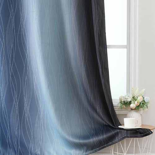 Navy Blue and Black Ombre Blackout Curtains for Living Room 108 Inch Length (Black and Navy Blue / 52"W x 108"L (Pack of 2))