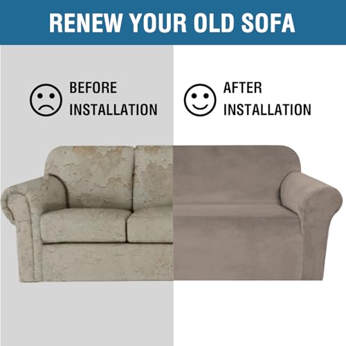 Stretch Velvet Sofa Covers for 3 Cushion Couch Covers Sofa Slipcovers Furniture Protector Soft with Non Slip Elastic Bottom (Taupe / Sofa)