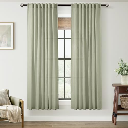 Linen Blend Sage Green Curtains 63 inch Length 2 Panels for Bedroom Back Tab Light Filtering Semi Sheer Drapes Linen Cotton Textured Light Green Airy Modern Farmhouse Living Room Sage Aesthetic Decor (Sage Green / 52"W x 63"L (Pack of 2))