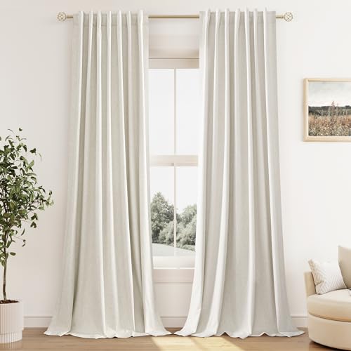 Extra Long 100% Blackout Linen Curtains for Bedroom 104 Inches Long Natural Cream Black Out Curtain Back Tab Thermal Insulated Room Darkening Window Drapes for Living Room 2 Panels Beige Ivory 52x104 (Cream / 52"W x 104"L (Pack of 2))