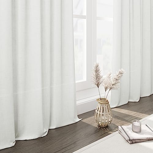 Solid Off White Curtains 96 Inches Long 2 Panels Back Tab Sheer Linen Curtain Modern Farmhouse Coastal Decor White Cotton Textured Gauze Curtains for Patio Sliding Door Office Bedroom (52"W x 96"L (Pack of 2) / Off White)