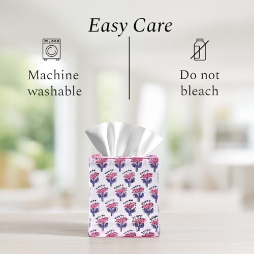 CPC Pink Sapphire Block Print Square Tissue Box Cover 100% Cotton (Pink Sapphire)