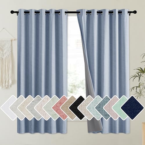 Stone Blue Vintage Linen 100% Blackout Curtains for Kitchen (62"W x 63"L (Pack of 2) / Stone Blue)
