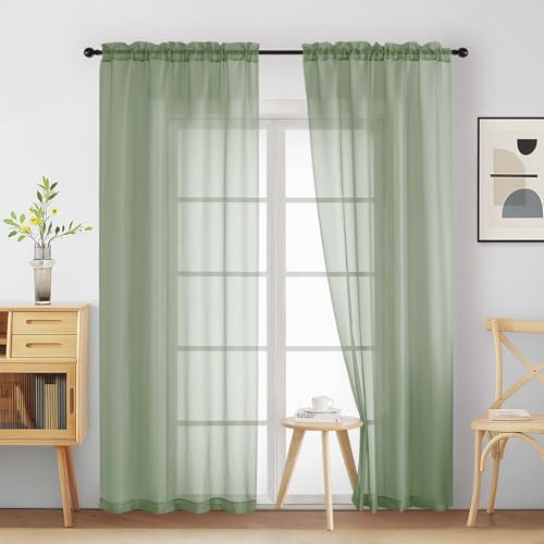 Sage Green Sheer Curtains 90 Inches Long 2 Panels (42"W x 90"L (Pack of 2) / Sage Green)