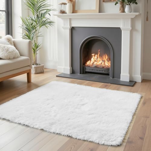 Small Shag Area Rug for Bedroom (White / 2' x 3' (Rectangular))