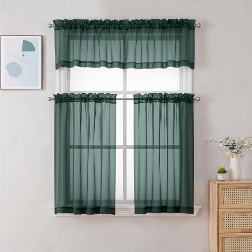 Sheer Hunter Green Kitchen Tier Curtains 24 Inch Length Set (Hunter Green / 42"W x 24"L (Pack of 2))