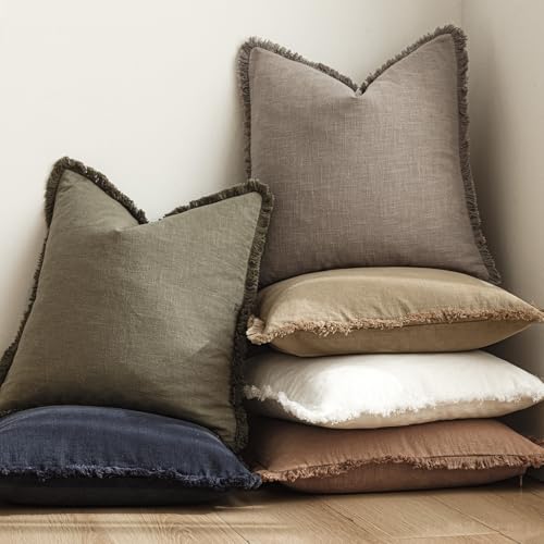 Decorative Linen Fringe Throw Pillow Covers 18×18 Inch (18" x 18" (Pack of 2) / Dune)