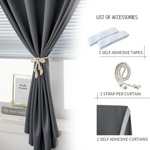 Magic Tape Stick On Curtains Window Shades Pull Down Blackout Window Cover Blackout Curtains for Bedroom No Drillng Self Adhesive Curtains No Rod Small Curtain (47"W x 79"L (Pack of 1) / Grey)