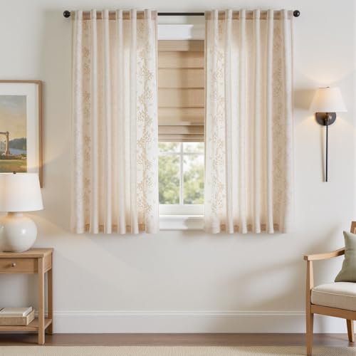 Floral Linen Curtains 63 Inch Farmhouse Back Tab 2 Panels (Vine | Ivory / 50"W x 63"L (Pack of 2))