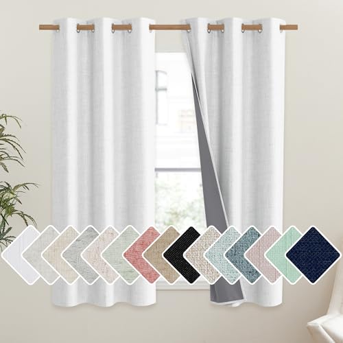 100% Absolutely Blackout Linen Curtains with Thermal Insulated Liner (42"W x 63"L (Pack of 2) / Greyish White)