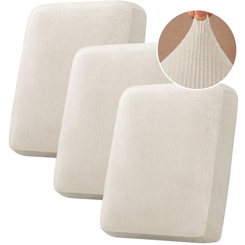 Velvet Stretch Couch Cushion Cover Plush Cushion Slipcover for Chair Loveseat Sofa Cushion Furniture Protector Seat Cushion Sofa Cover (Striped Ivory / 3 Cushion Sofa)