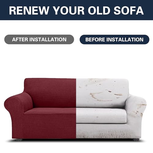 2026 New Stretch Oversized Sofa Slipcovers Couch Sofa Cover for 4 Seater Furniture Protector Covers with Elastic Bottom Jacquard Fabric Small Checks for Pets (Dark Red / Oversized Sofa)