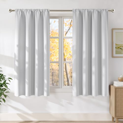 Greyish White Faux Linen Room Darkening Rod Pocket Curtains 63 inch Length (Linen Greyish White / 42"W x 63"L (Pack of 2))