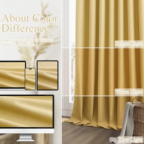 Gold 100% Blackout Linen Curtains 84 Inch Length 2 Panels Set for Living Room Bedroom Back Tab Thermal Insulated Black Out Drapes Room Darkening Farmhouse Style for Bedroom Window Curtains 52x84 (Gold / 52"W x 84"L (Pack of 2))