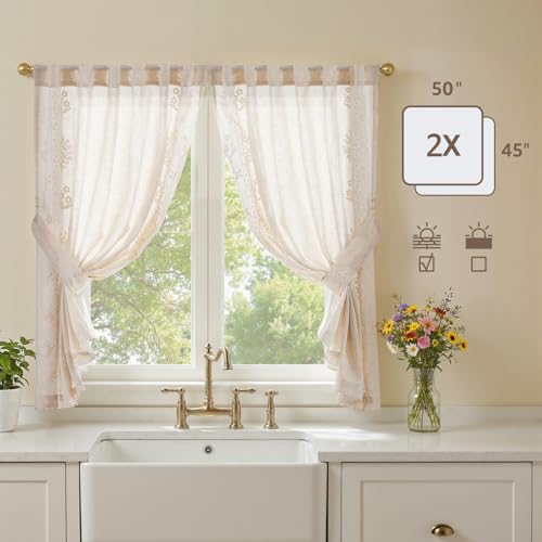 Ivory Floral Linen Kitchen Tier Curtains 50x45 Inch 2 Panels (A| Ivory / 50"W x 45"L (Pack of 2))
