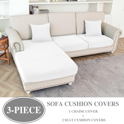 Couch Cushion Covers for Sectional Sofa L Shape Washable Separate Seat Chaise Couch Cover Stretch Sofa Slipcovers with 2 Pcs Pillowcases (White / Seat Only: 2 Seat + 1 Chaise)