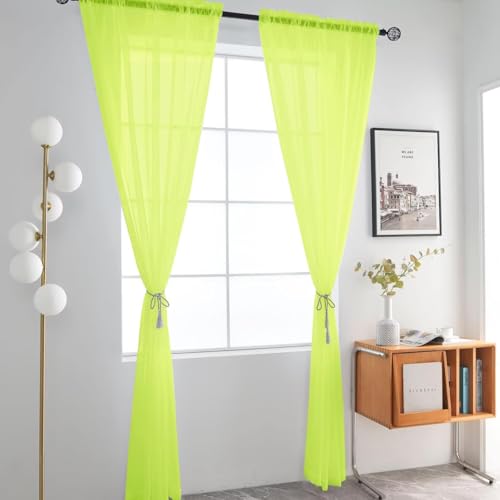 Basic Rod Pocket Sheer Voile Window Curtain Panels Chartreuse 1 Pair 2 Panels 52 Width 63 Inch Long for Kitchen Bedroom Children Living Room Yard（Chartreuse (Chartreuse / 52"W x 63"L (Pack of 2))