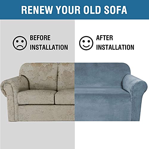 Stretch Velvet Sofa Covers for 3 Cushion Couch Covers Sofa Slipcovers Furniture Protector Soft with Non Slip Elastic Bottom (Stone Blue / Sofa)